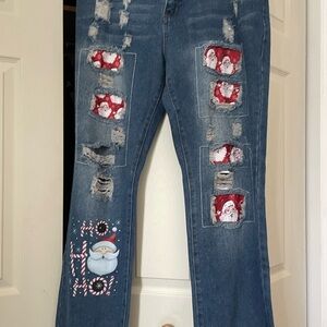 Santa Patch Distressed Straight Leg Jeans